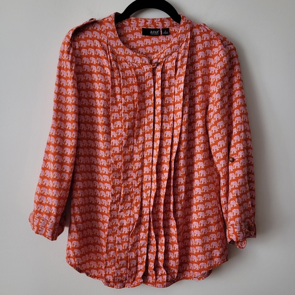 A.N.A. A New Approach Long Sleeve Blouse Orange + Pink Elephants Pleated Front - Picture 13 of 15